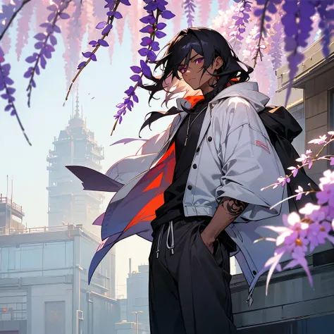 1male, young adult, dark skin, finely detailed plum eyes, wild medium hair, two tone hair, black hair color, seashell white hair color, oversized hoodie, baggy pants, standing on building, day time, tokyo streets, e expression, muscular, tattoos, wisteria ...