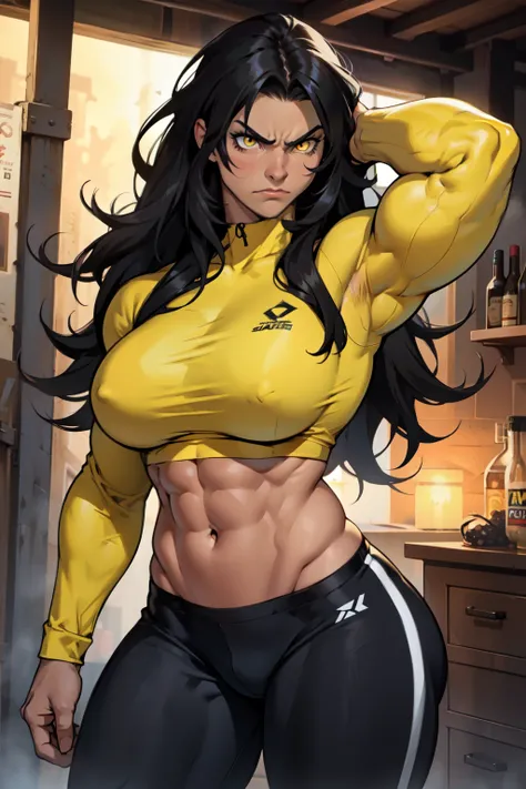 muscular toned body bodybuilder huge breasts black hair yellow eyes angry 1girl cowboy shot curvy very long hair 