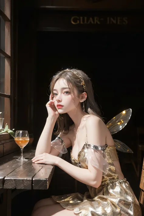 ((gold, silver, glimmering)), fairy, limited palette, difference, marvelous aesthetics, best quality, Luxurious work of art, looking at a drink and listening to music in a medieval tavern, pondering