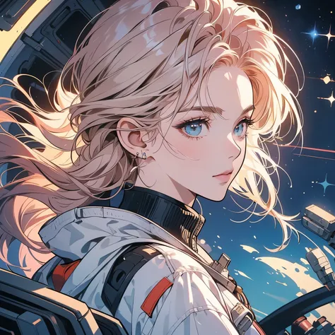 One beautiful woman, inside a spaceship, perfect machine, spacesuit, looking at camera, perfect face, zero gravity, outer space, lots of wires, switchboard, perfect and detailed machine, robot, detailed hair, (((Various angles))), cockpit, most beautiful w...