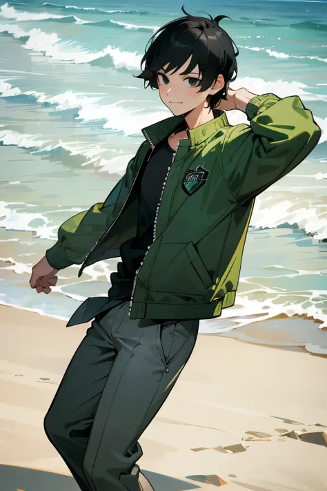 An adult man, short black hair, black eyes, wearing beach clothes, a green jacket, rolled up gray pants, posing with a volleyball, with a beach background, happy facial expression. 