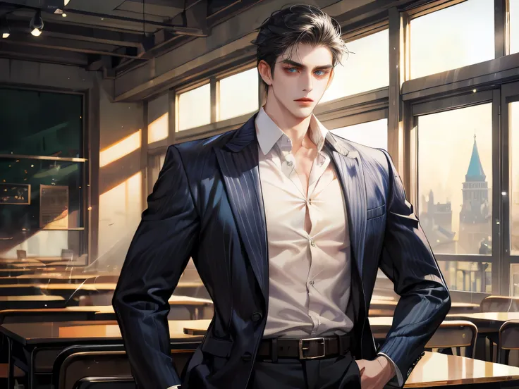 (absurdres, highres, ultra detailed, original character),  russian boy, solo, adult, handsome, ((tall muscular guy, broad shoulders)), finely detailed eyes, ((fluffy black hair)),  A teacher, 53-year-old man, middle-aged, white hair with white streaks, blu...