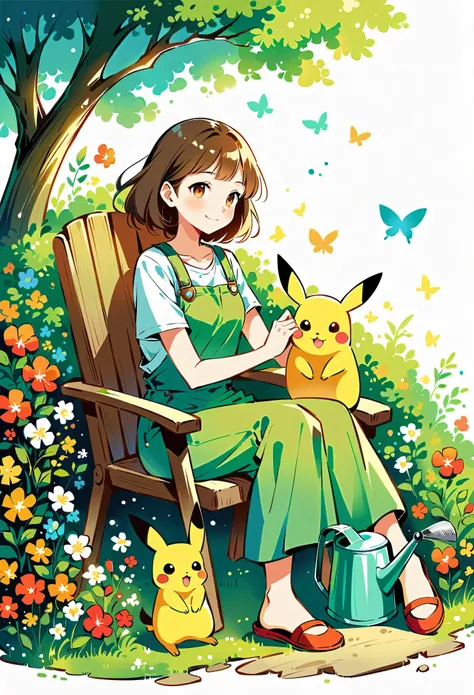 Draw a delightful illustration of Pikachu relaxing in a garden chair. Pikachu should be surrounded by blooming flowers and greenery, sitting comfortably with a smile. Include details like a watering can, garden tools, and butterflies flying around. The ove...