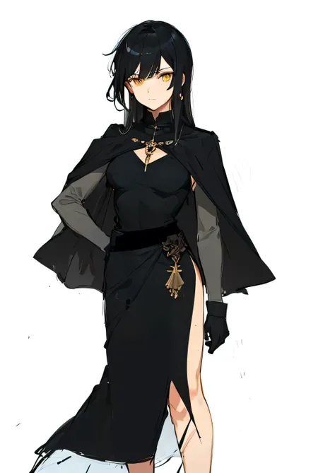 A woman would be, with black clothes and black hair, yellow  eyes