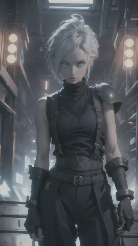 (masterpiece, best quality:1.2), expressive eyes, perfect face, highres, 1 girl, solo, (female:1.5), strife, short hair, shoulder armor, sleeveless turtleneck, suspenders, belt, gloves, bracer, standing, portrait, looking at viewer, White hair, Blue glowin...