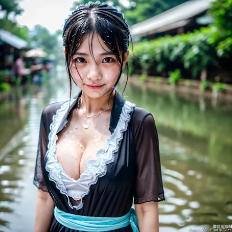 songkran,Wet city road ,drenched, Dripping, Wet Face,Wet clothes, Wet Skin, Wet Hair,A young woman with a cute face like an idol,(((Cleavage))),(Maid clothes),(((Water-soluble clothing is starting to melt and skin is exposed))),RAW Photos,Genuine,Genuine,H...