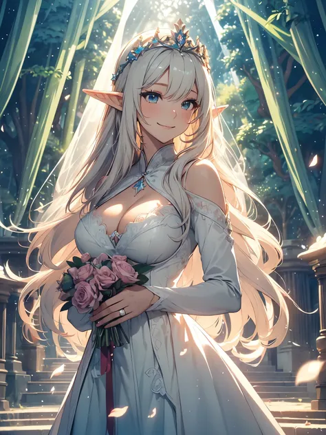 最high quality、1woman elf 、beautiful Hair、bionde、white rose、bouquet、white roseのbouquet、、Beautiful foam、、CourtyardShining fairy wings、E.G: Worst quality ,Flower fractal art　　、see-throughbodystocking,Beautiful side shot, radiance,High-definition depiction, Re...