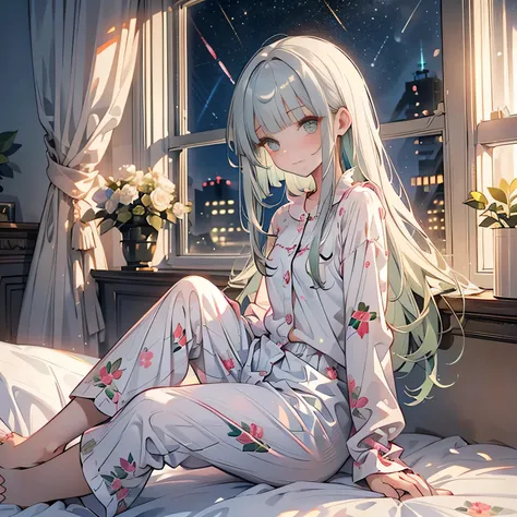 ♥full body,(floral cute pajamas),((1girl,cute,little ,semi long beautiful silver green hair,blunt bangs,beautiful eyes)),beautiful pastel house room,flat sitting on the carpet,curtain,window,night starry sky,
(solo),(looking at the viewer), innocent smile,...