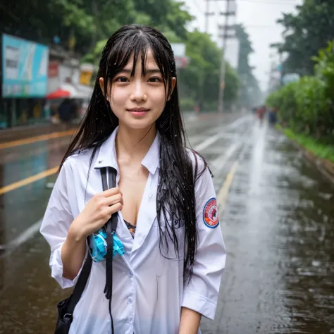 songkran,Wet roads , soaked through,drenched, Dripping, Wet Face,Wet clothes, Wet Skin, Wet Hair,A young woman with a cute face like an idol,chest,chest元が見えるデザインのメイド服,cling,RAW Photos,Genuine,Genuine,High resolution,RAW Photos,masterpiece, Genuineistic, be...