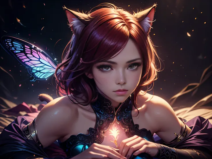 (Best Quality, 8K, Masterpiece, HDR, Soft Lighting, Picture Perfect, Realistic, Vivid), Cat Girl (1.0), Cat Girl with Red Hair and brown eyes and Sexy Revealing Clothes, Pink Bodysuit with Glitter Texture, Beautiful Anime Fantasy, Very beautiful and cute c...