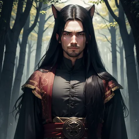 The best quality, super sharp, the wallpaper is a forest, a 30-year-old man named Bo, fierce face, long black hair, sinister eyes, wearing a black robe covering his head, there are black bugs flying around, Smirking