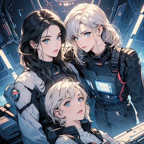 One beautiful ((("Two women" leaning against each other))), inside a spaceship, perfect machine, spacesuit, looking at camera, perfect face, zero gravity, outer space, lots of wires, switchboard, perfect and detailed machine, robot, detailed hair, (((Vario...