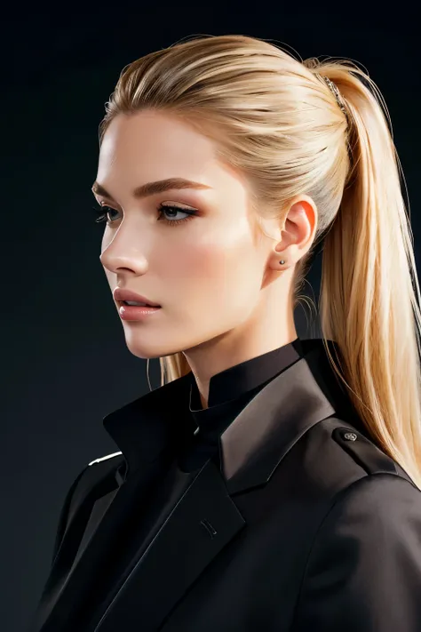 White background，身穿Black jacket的欧美女子的侧脸，The chin is contoured， Modern Hairstyles, blonde, Well-dressed model, mandibular angle line, , Handsome hairstyle, Portrait centered in profile, Profile portrait, Female jawline, Protruding jawline，Eyes with spirit，B...