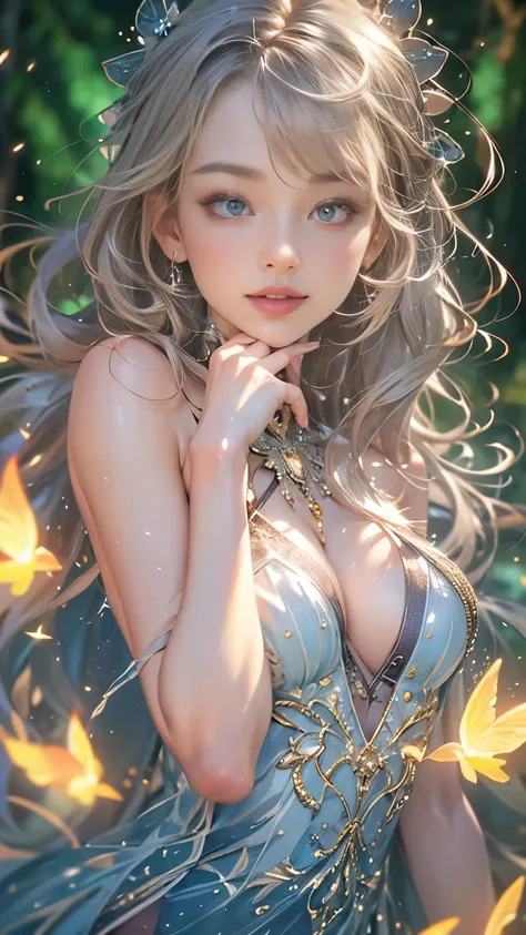 (8K, Highest quality, masterpiece: 1.2), (Realistic, photo Realistic: 1.37), Very detailed, One Girl, Wide viewing angles, Firefly Garden, Small faint lights and flying fireflies, night, lantans, Yasutomo Okas Painting style, big firm bouncing bust, I can ...