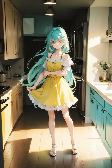 A girl or age 27 with turquoise long hair and beautiful yellow eyes. Pale and fair skin. Wearing sundress. Standing infront of kitchen