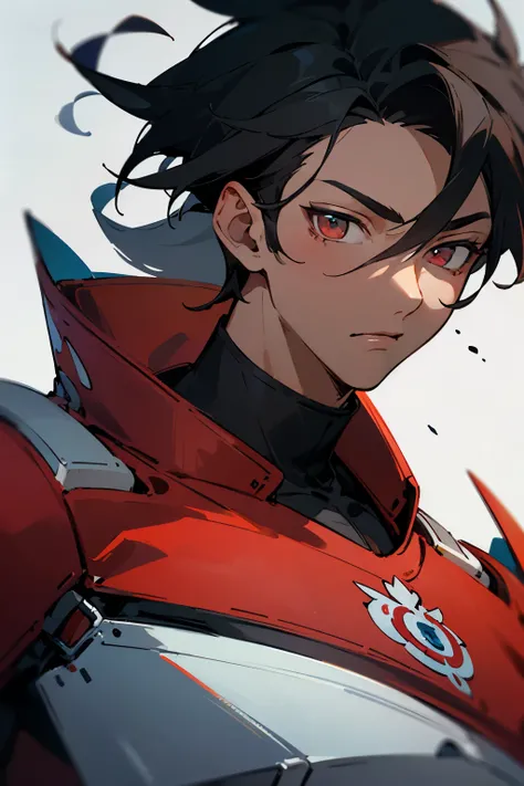 ((best quality)), ((masterpiece)), (detailed), male, sharp, angular features, dark complexion, teenager, crimson eyes, wild jet-black hair, 