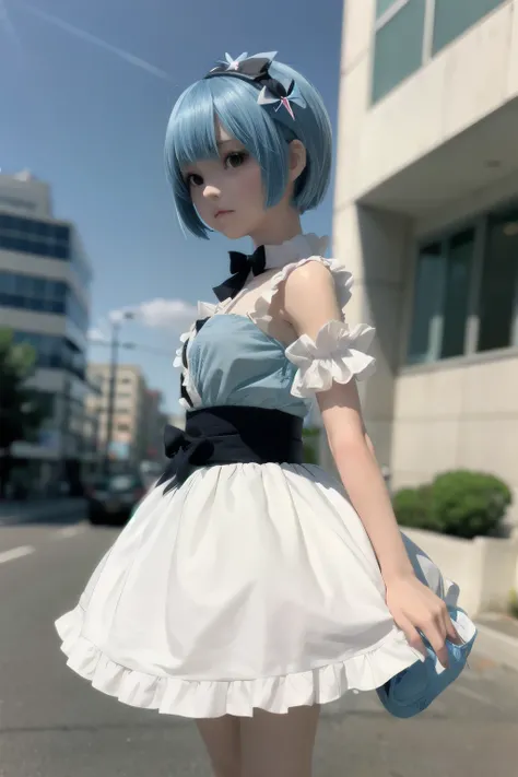 Photorealistic、Chibi Girl Doll（Street、Rems Cosplay of Rezero、whole body）