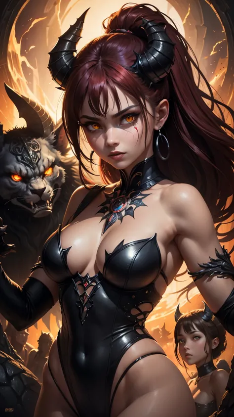 (((Masterpiece))), Best Quality, Hyper Detailed Gouache Style Painting Portrait of a Group of Enchanting Female Demons, Glowing Red/Yellow Eyes, Smooth Shadows, Hyper Realistic Textures, 8K, Best Quality, Realistic Cartoony Features, Stylized Illustration,...