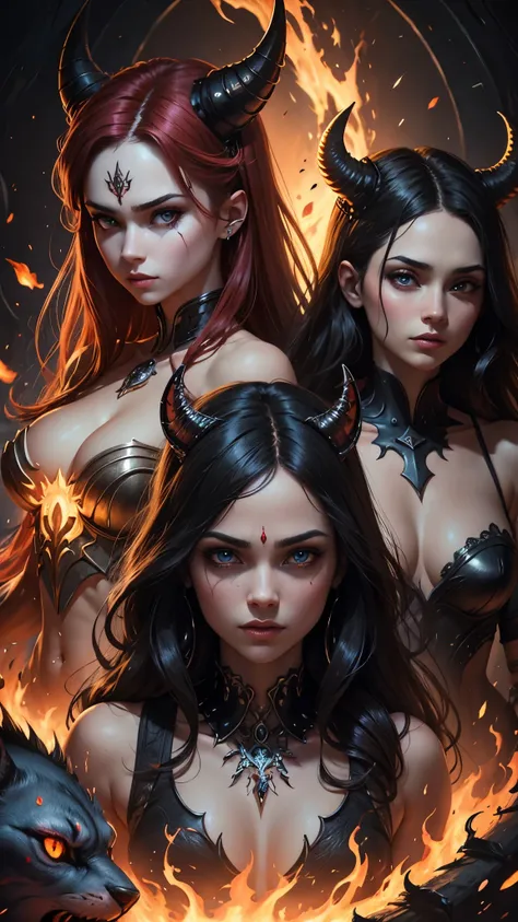 (((Masterpiece))), Best Quality, Hyper Detailed Gouache Style Painting Portrait of a Group of Enchanting Female Demons, Glowing Red/Yellow Eyes, Smooth Shadows, Hyper Realistic Textures, 8K, Best Quality, Realistic Cartoony Features, Stylized Illustration,...