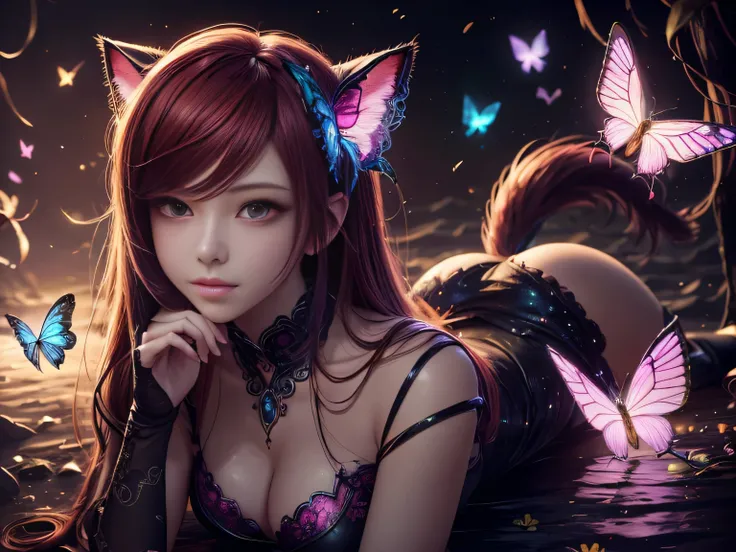 (Best Quality, 8K, Masterpiece, HDR, Soft Lighting, Picture Perfect, Realistic, Vivid), Cat Girl (1.0), Cat Girl with Red Hair and brown eyes and Sexy Revealing Clothes, Pink Bodysuit with Glitter Texture, Beautiful Anime Fantasy, Very beautiful and cute c...