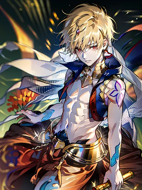 ((masterpiece)), (((HDR))), ((best quality)), (ultra high quality), uhd, (hi-res), ((absurdres)), ((1boy)), solo, (Gilgamesh caster (fate)), (red eyes), blond hair, perfect face, best quality, (ultra high quality), (looking at viewers), armpit, collarbone,...