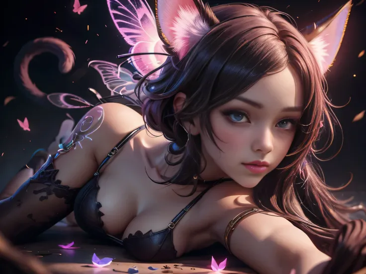 (Best Quality, 8K, Masterpiece, HDR, Soft Lighting, Picture Perfect, Realistic, Vivid), Cat Girl (1.0), Cat Girl with Red Hair and Sexy Revealing Clothes, Pink Bodysuit with Glitter Texture, Beautiful Anime Fantasy, Very beautiful and cute cat girl, large ...