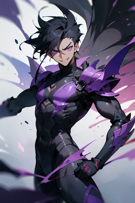 ((best quality)), ((masterpiece)), (detailed), male, sharp, angular features, dark complexion, teenager, toned body, purple eyes, wild jet-black hair, evil smirk, dark swirling tattoos of void energy across his body, wears a combination of modern clothing ...