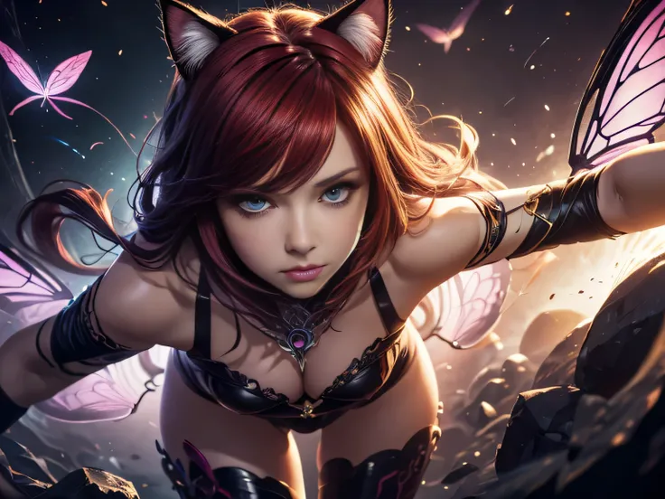 (Best Quality, 8K, Masterpiece, HDR, Soft Lighting, Picture Perfect, Realistic, Vivid), Cat Girl (1.0), Cat Girl with Red Hair and brown eyes and Sexy Revealing Clothes, Pink Bodysuit with Glitter Texture, Beautiful Anime Fantasy, Very beautiful and cute c...