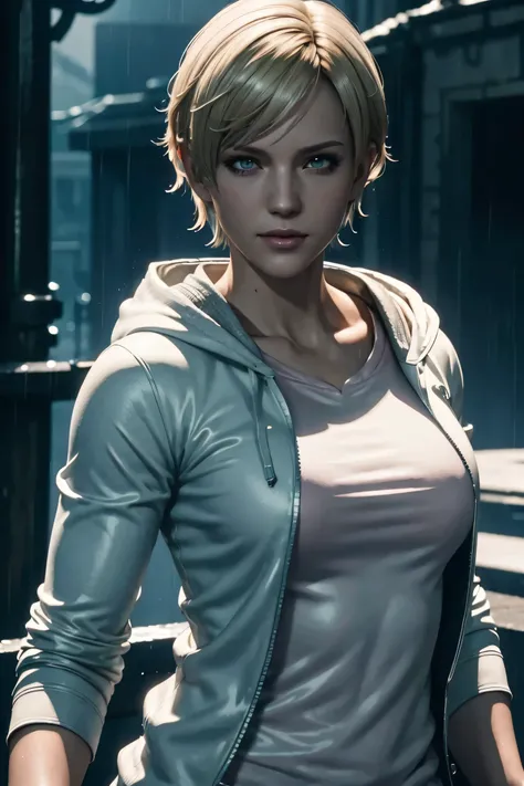 Resident Evil 6,Shelley,Short Hair,Blonde Hair,White hoodie,Cold protection,neck warmer,Photorealistic,Ultra HD,high quality,masterpiece,Digital SLR,Detailed details,Intricate details,Anatomical basis,Depicted in detail,A detailed face,Realistic skin textu...