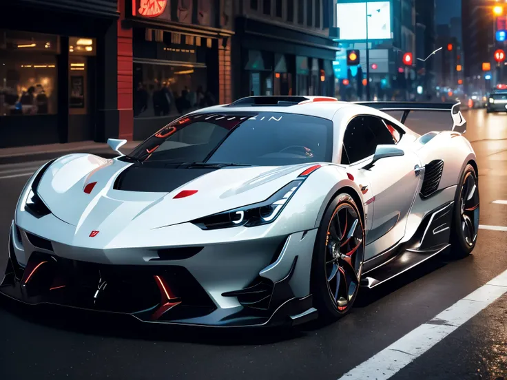 breathtaking visually captivating, stunning scenery, concept car silver, red decals, red wheels, 100% accurate proportions, exact accuracy, physical accuracy, technical accuracy, flying debris, flying small piece of glass scatter around, epic city scape, b...