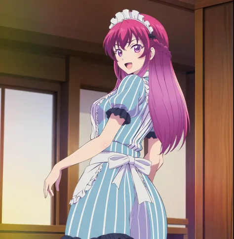 1girl,alone,ouka makuzawa,masterpiece,good lighting,looking at viewer,best quality,high resolution,Ultra detailed,long hair,magenta hair,braid,maid headdress,purple eyes,neckband,ruffles,vertical stripes , blue dress, short sleeves, apron, white apron, bla...