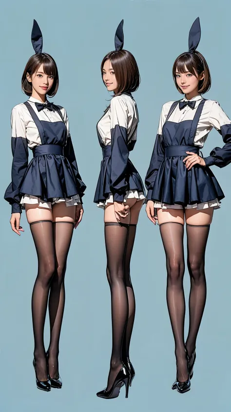 ((masterpiece)),(((Highest quality))),((Character design sheet)),Thin thighs,Long legs,Bunny girl in a light blue maid outfit:1.5，Wearing light blue tights:1.5，The best smile:1.5，Full Body Shot:1.5，Gray background:1.5，Wearing black high heels:1.5，short sid...