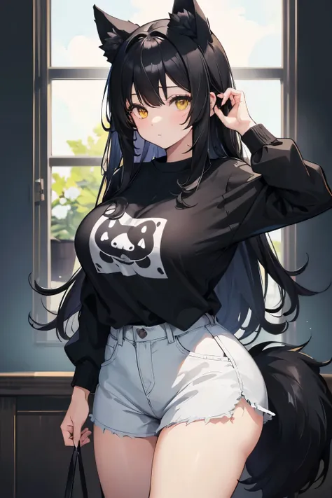 high quality, no errors, anime style, solo, dog girl, black fur, black dog ears, black dog tail, long black hair with curled ends, wearing casual clothes, big breasts, big ass, thick thighs, yellow eyes