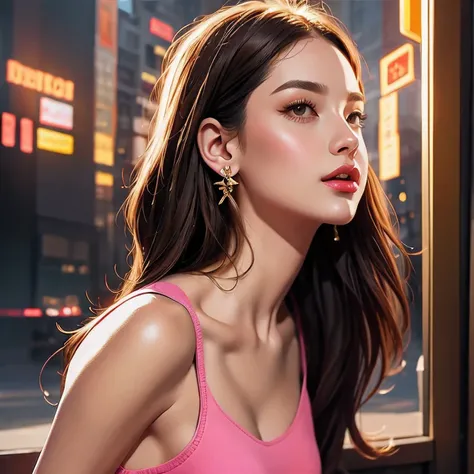 there is a girl with a pink top and gold earrings, digital art of an elegant, in style of digital illustration, stunning digital...