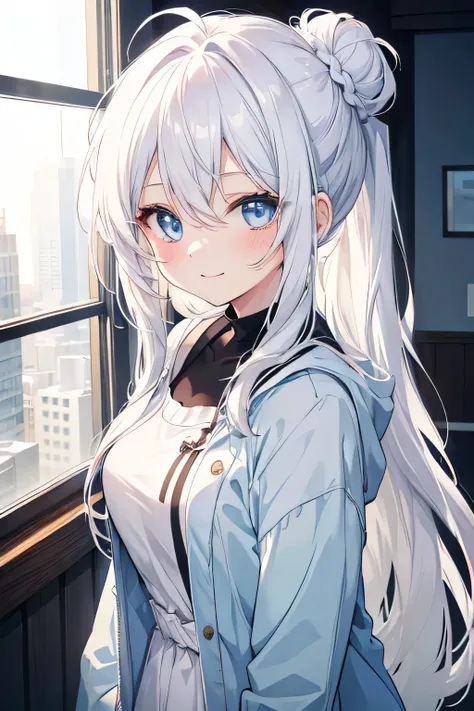 girl, cute anime girl, smiling, white hair, long hair, hair in a bun , messy hair, light blue eyes