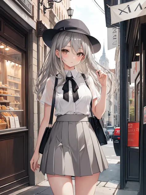 masterpiece, high quality, best quality, beautiful, hd, perfect lighting, detailed face, detailed body, 1 girl, solo, (long gray hair), brown eyes, medium breasts, ((white underwear)), ((short gray skirt)), (gray hat), in front of a cafe,