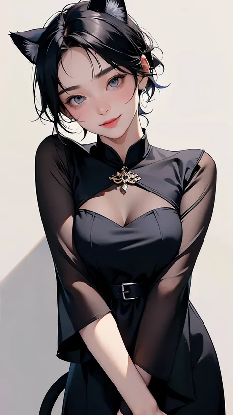 (Highest quality, masterpiece, High resolution)、4K Anime Art、(One girl)、(whole body:1.2)、 (Detailed depiction of a cute face)、Black Hair、short hair、semi-long、Bobcut、Hair Bun、hair ornaments、(Cat ear)、Black Cats(China dress:1.2)、sexy mini dress、Captivating s...