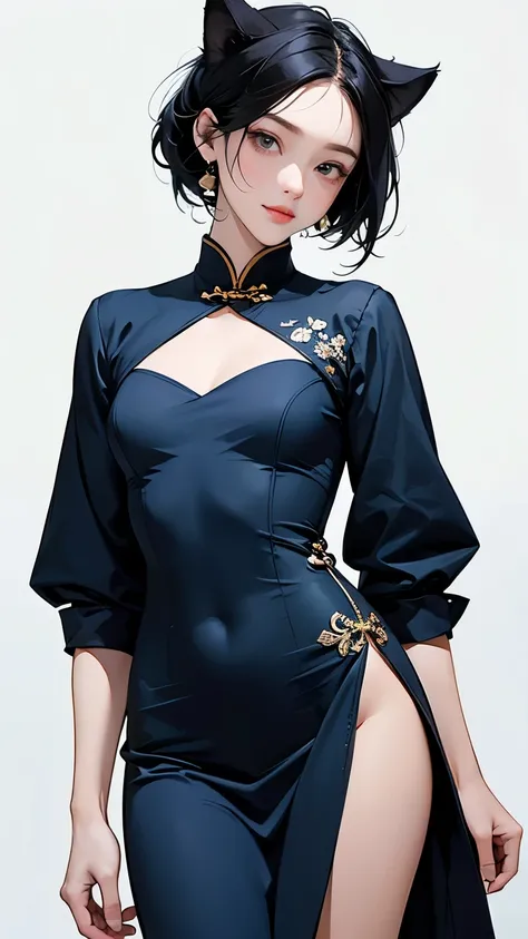 (Highest quality, masterpiece, High resolution)、4K Anime Art、(One girl)、(whole body:1.4)、 (Detailed depiction of a cute face)、Black Hair、short hair、semi-long、Bobcut、Hair Bun、hair ornaments、(Cat ear)、(China dress:1.4)、セクシーなミニChina dress、Captivating smile、Sm...