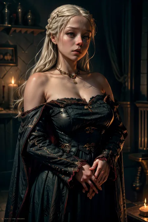 rhaenyra targaryen, beautiful detailed eyes, beautiful detailed lips, long eyelashes, curvy figure, low-cut dress, seductive pos...