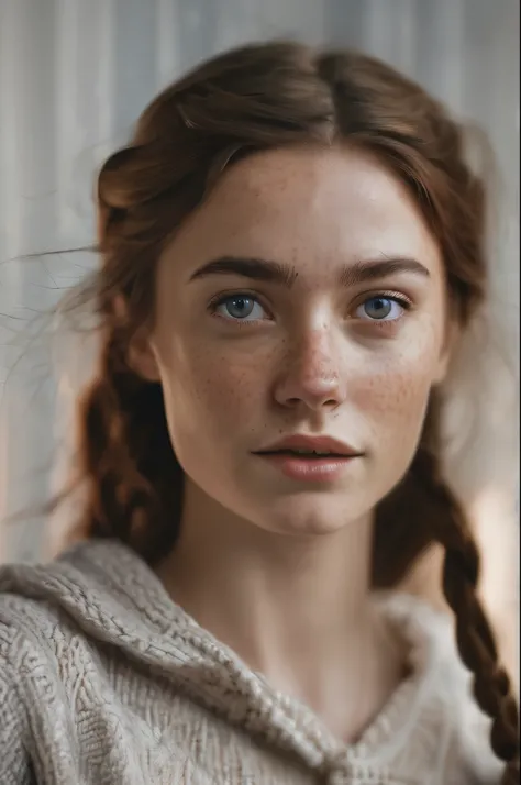 portrait of pretty young woman, freckles, brown hair, braid, hair behind ear, raised eyebrows, wide eyes, light smile, parted lips, Canon, cinematic lighting, masterpiece, 8k