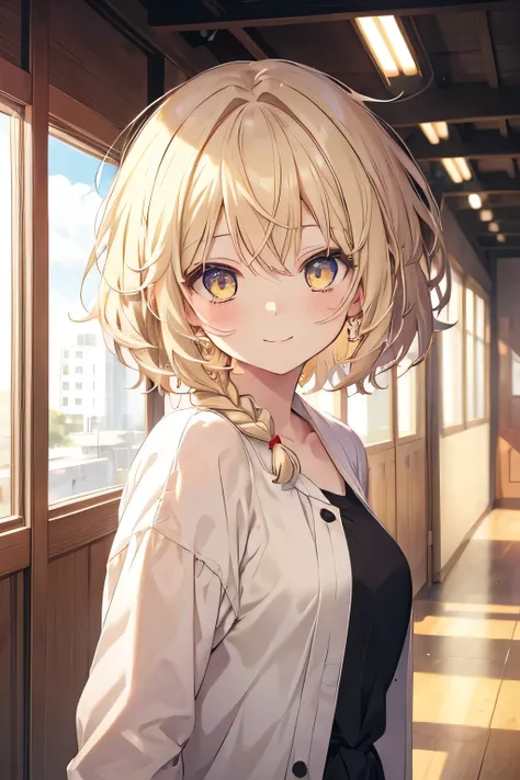 girl, cute anime girl, smiling, beige hair, short hair, hair in a braid on the side, messy hair, light yellow eyes moe style anime
