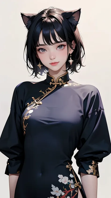 (Highest quality, masterpiece, High resolution)、4K Anime Art、(One girl)、(whole body:1.4)、 (Detailed depiction of a cute face)、Black Hair、short hair、semi-long、Bobcut、Hair Bun、hair ornaments、(Cat ear)、(China dress:1.4)、セクシーなミニChina dress、Captivating smile、Sm...