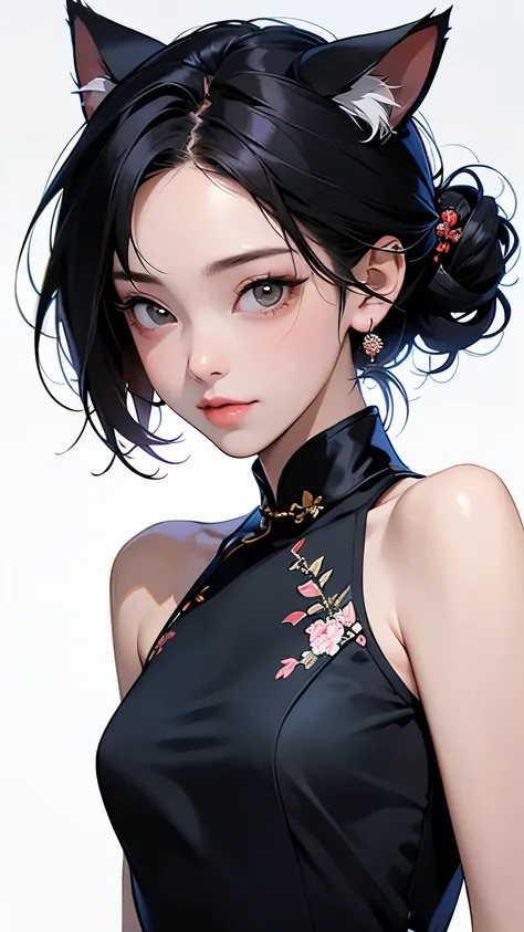 (Highest quality, masterpiece, High resolution)、4K Anime Art、(One girl)、(whole body:1.4)、 (Detailed depiction of a cute face)、Black Hair、short hair、semi-long、Bobcut、Hair Bun、hair ornaments、(Cat ear)、(China dress:1.4)、セクシーなミニChina dress、Captivating smile、Sm...