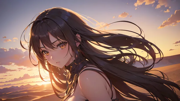 a beautiful anime girl in the middle of a vast desert, (best quality,4k,8k,highres,masterpiece:1.2),ultra-detailed,(realistic,photorealistic,photo-realistic:1.37),extremely detailed eyes and face,longeyelashes,desert landscape, dramatic lighting, dramatic ...