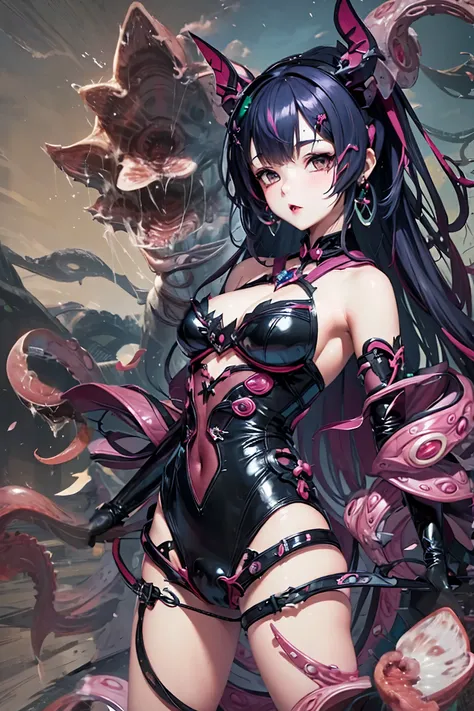 ((best quality)), ((highly detailed)), masterpiece, Succubus-style magical girl. Tentacles growing from her body. Tentacles with a mouth.