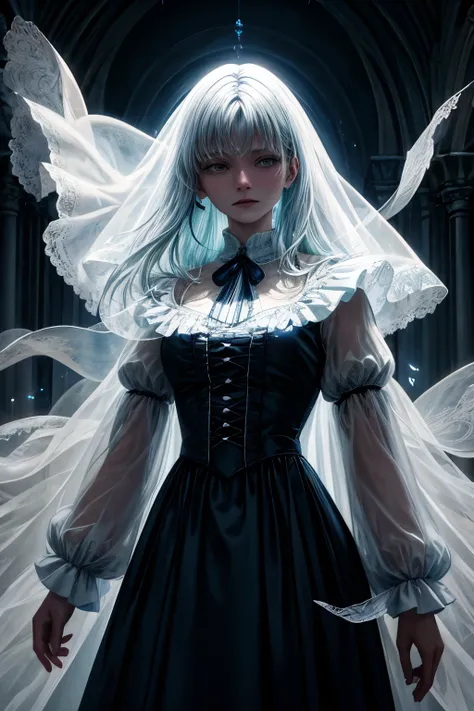 a spectral figure dwells in the foreground, embodying the spirit of dread. the gothic backdrop, rich in blue and white hues, fur...