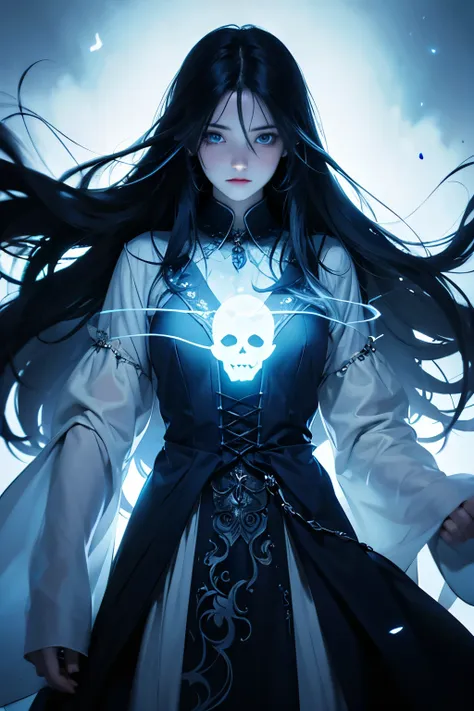 a ghostly entity, translucent, blue and white, spirit of fear, long hair, empty eyes, gothic background.