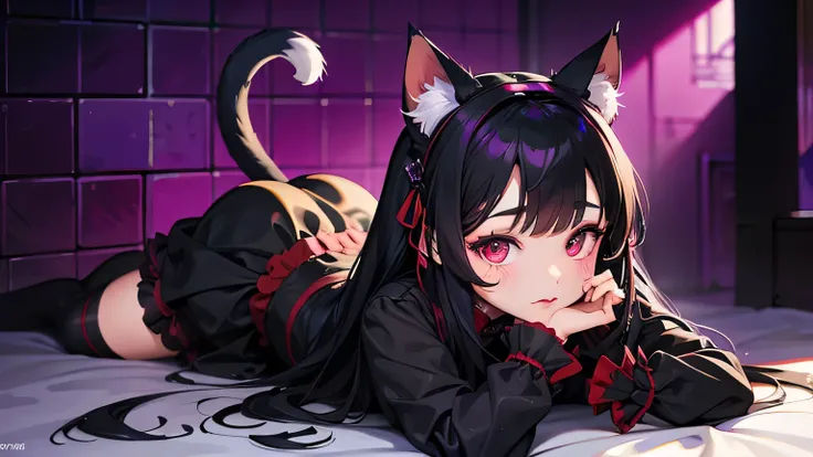 Long black hair、Cat ear、Red Eyes、Gothic Lolita、purple