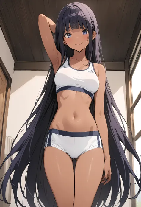 (((masterpiece, Highest quality:1.5,absurdres))),25 year old beauty,(dark blue hair),((very small head:1.3)),long hair,bangs,dark blue eyes,gorgeous eyes,smile,medium breasts,((very long body:1.3)),((toned body,slender body)),skinny,(((tan skin:1.3))),glea...