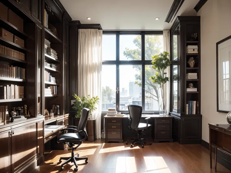 An impeccably organized office space, meticulously arranged to exude efficiency and professionalism. The sleek modern desk is clutter-free, adorned with a designer laptop and chic stationery. The walls are lined with elegant artwork and shelves of leather-...